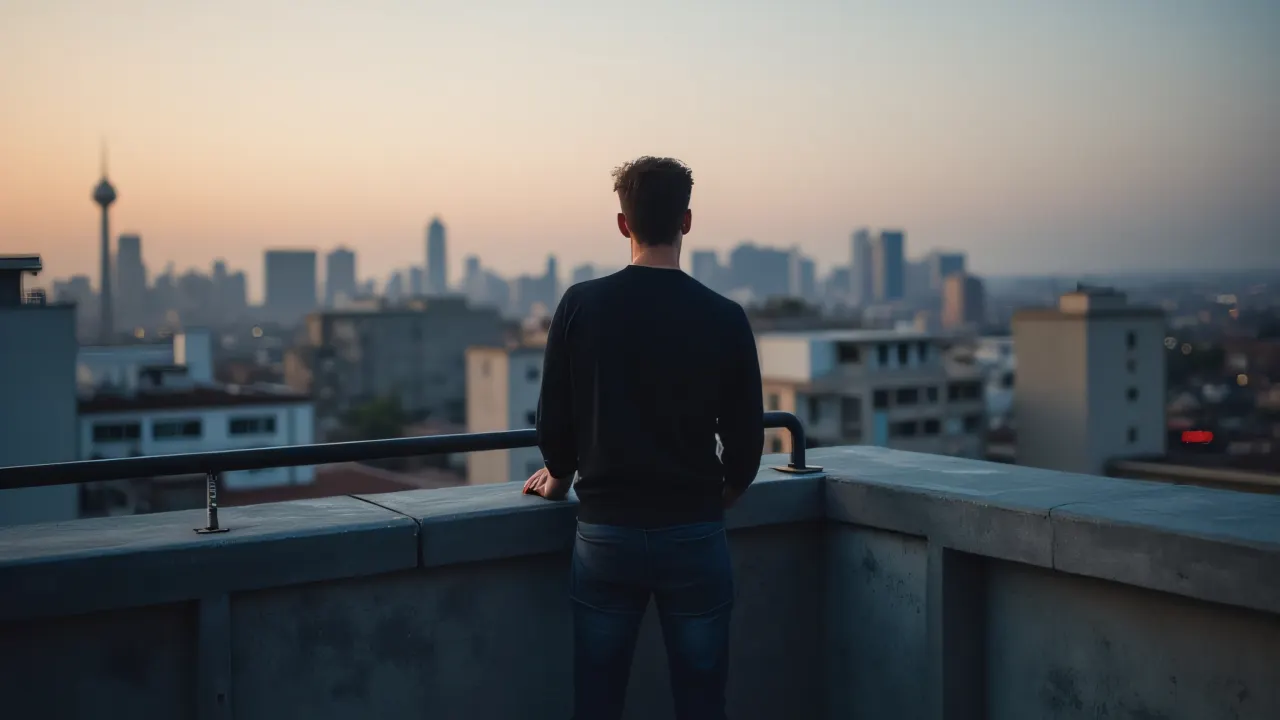 A man stands on a rooftop deck at dusk, overlooking the city skyline.