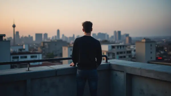 Lone Man Rooftop Deck City Skyline Dusk