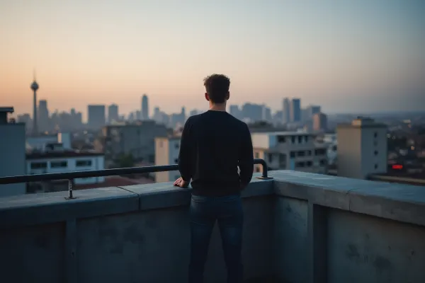 Lone Man Rooftop Deck City Skyline Dusk