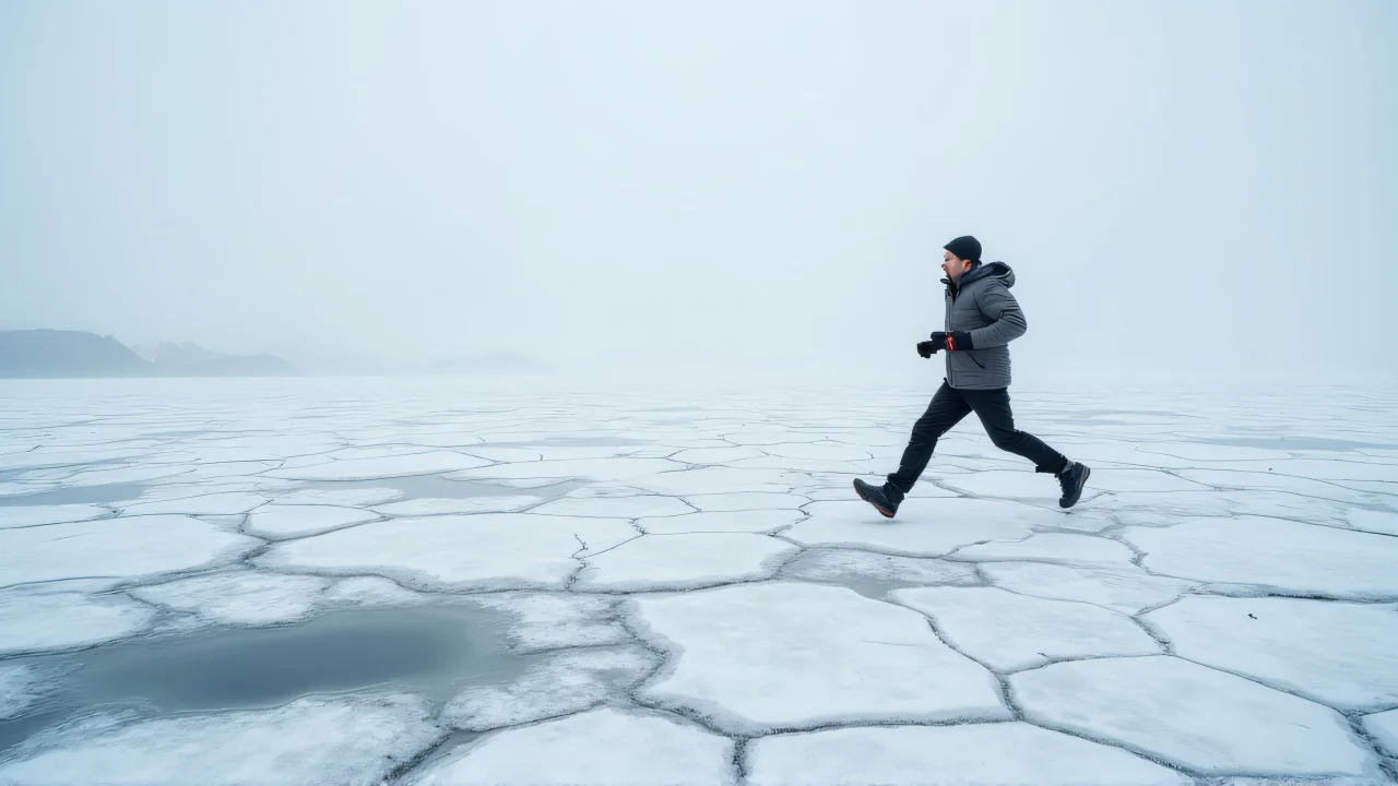 A man sprints across a cracked, icy tundra landscape with a windblown coat and distant gray horizon.