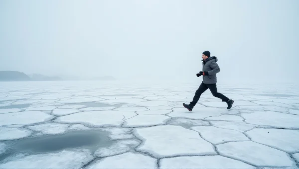 Lone Man Sprinting Across Ice-Covered Tundra