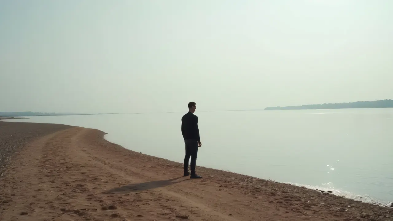 A lone man stands on a brown shoreline next to calm water.