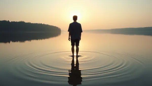 Lone Man Standing By Calm Lake At Dusk