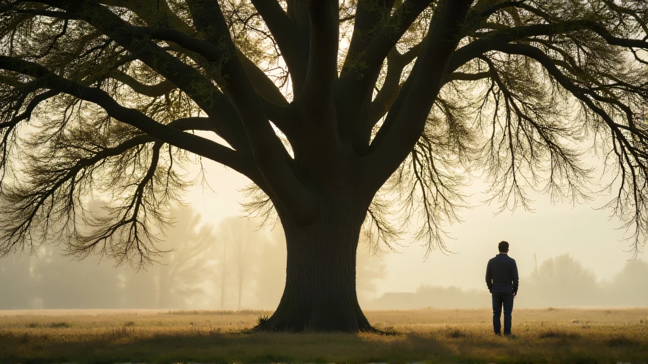 A solitary man gazes at a large deciduous tree under soft midday light.