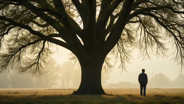 Lone Man Standing By Majestic Deciduous Tree
