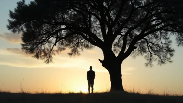 Lone Man Under Tree at Dusk Silhouette