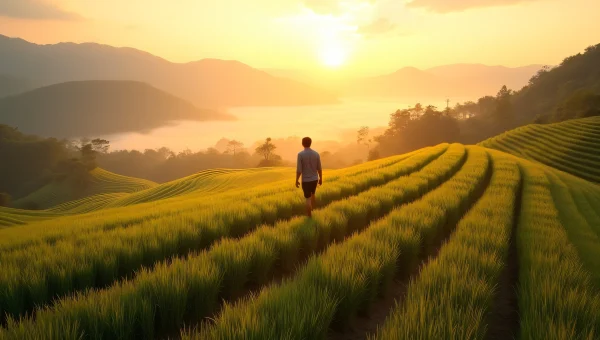 Lone Man Walking Rice Terraces Golden Hour