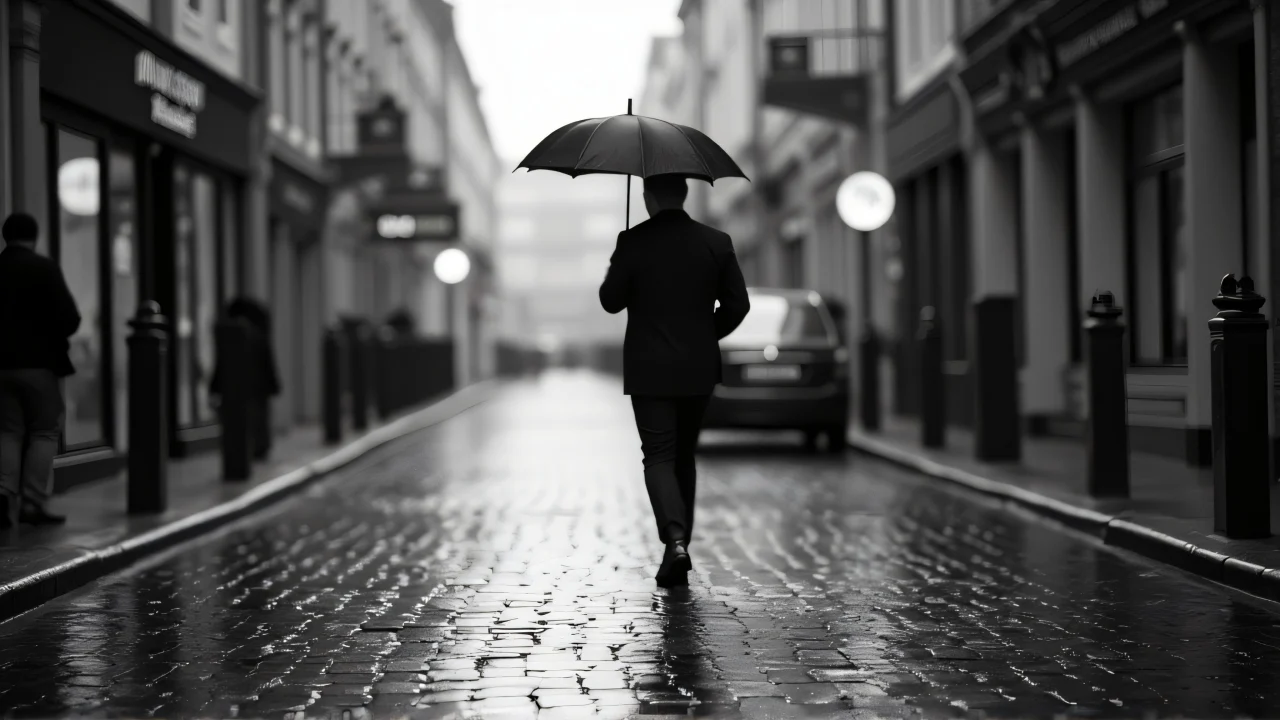 A man walks with an umbrella on a wet cobblestone street in grayscale.