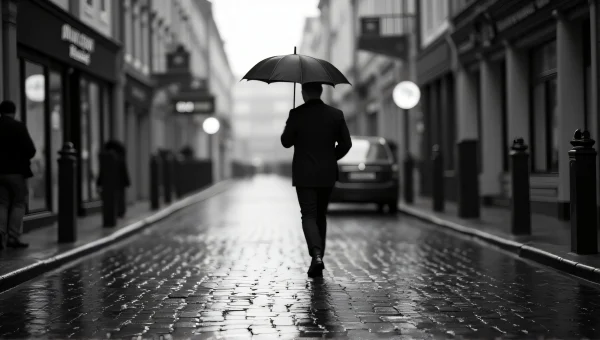 Lone Man Walking Umbrella Wet Cobblestone Street