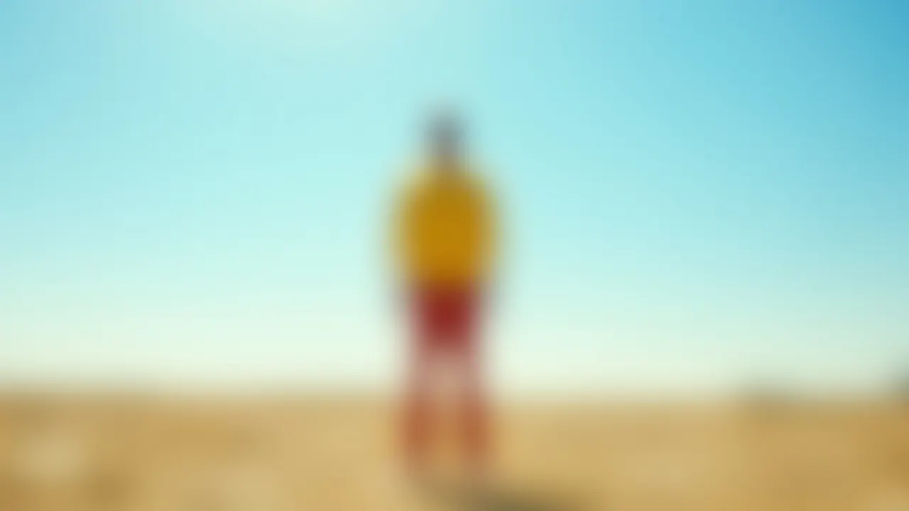 A lone man in a yellow long-sleeved shirt and red pants stands on a sunlit plain under a clear blue sky.