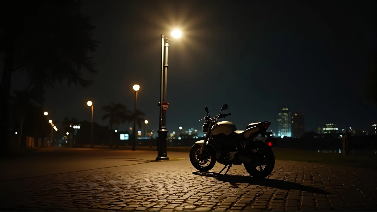 A motorcycle parked under a flickering streetlamp on wet cobblestones at night.