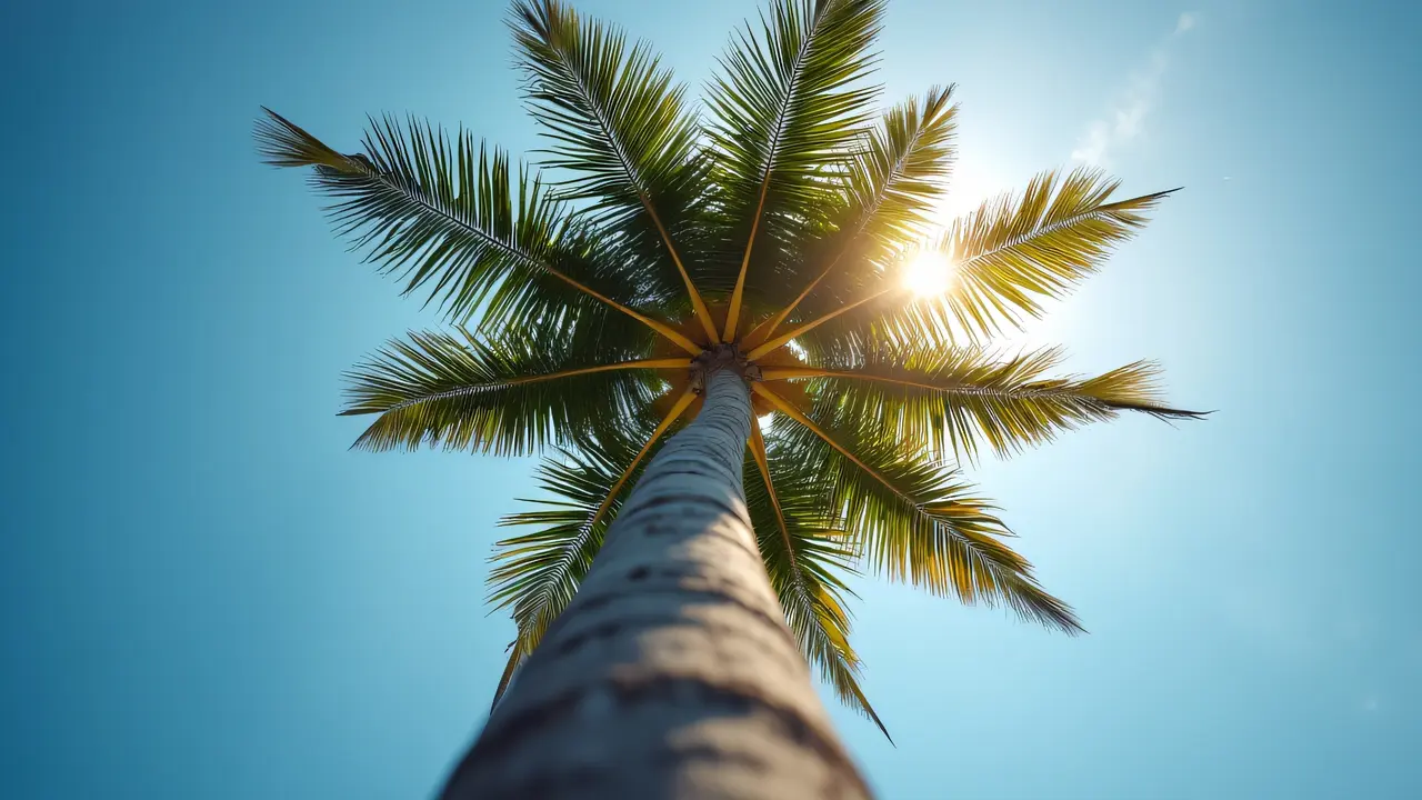 A palm tree trunk reaches toward a bright sky with sunburst through its fronds.