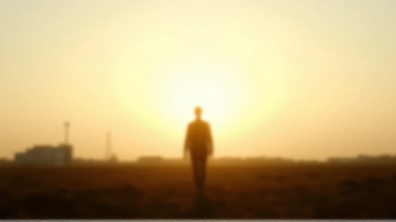 A silhouette of a single person standing at the edge of an open field beneath a soft sky.