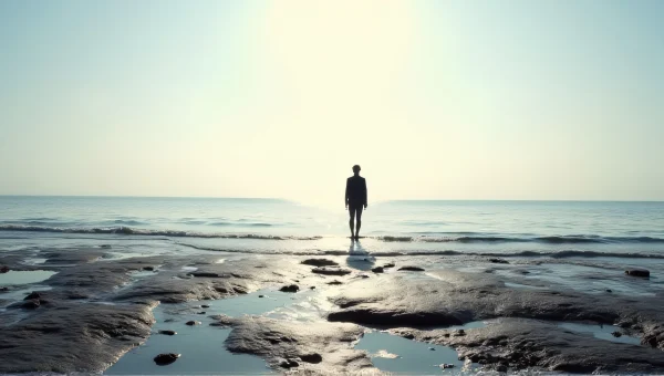 Lone Person Standing on Rocky Seashore Horizon
