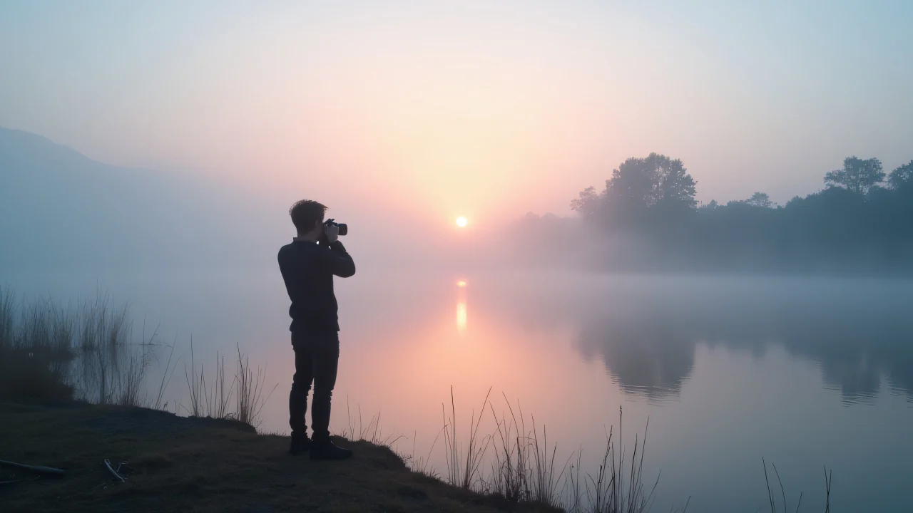 A lone photographer captures dawn's beauty by a misty lakeshore.