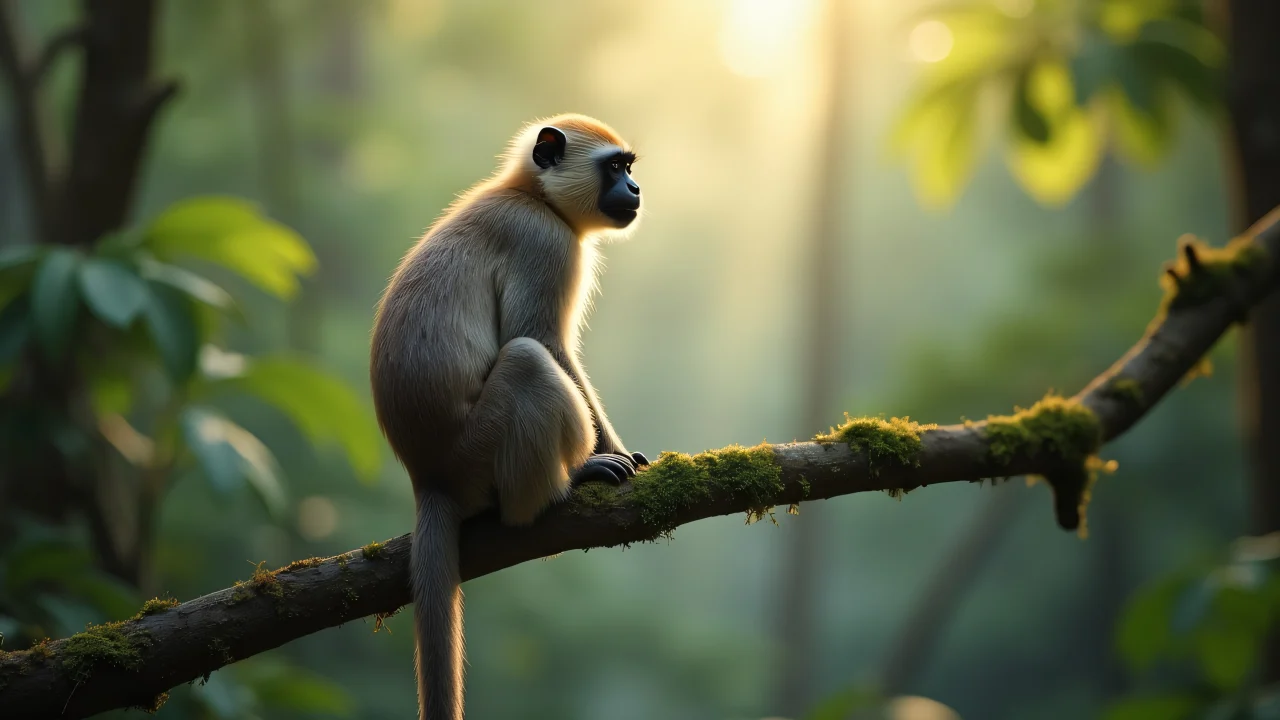 A primate sits on a moss-covered branch in soft morning light.