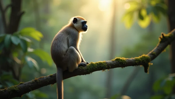Lone Primate on Mossy Branch in Rainforest Light