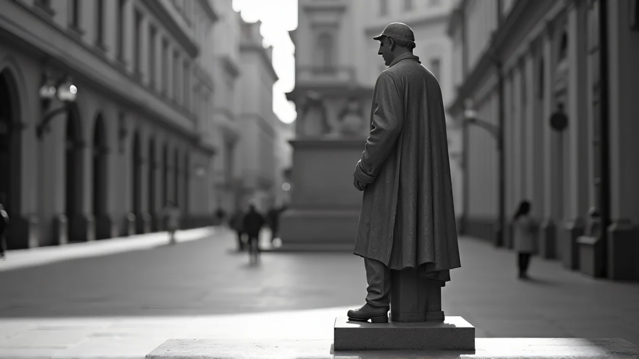 Grayscale image of a lone statue in an urban plaza with high-contrast lighting.