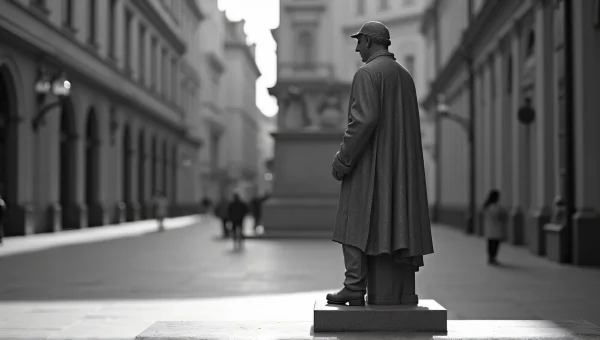 Lone Statue Urban Plaza Grayscale image