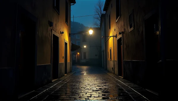 Lone Street Lamp Illuminating Rainy Alley