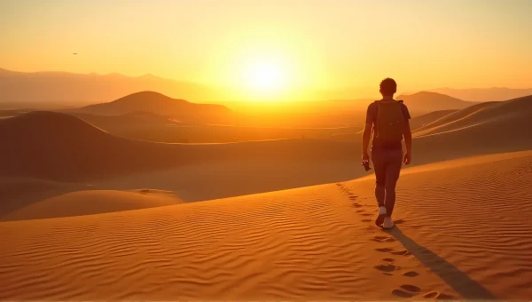 Lone Traveler Walking Desert Dunes At Golden Hour