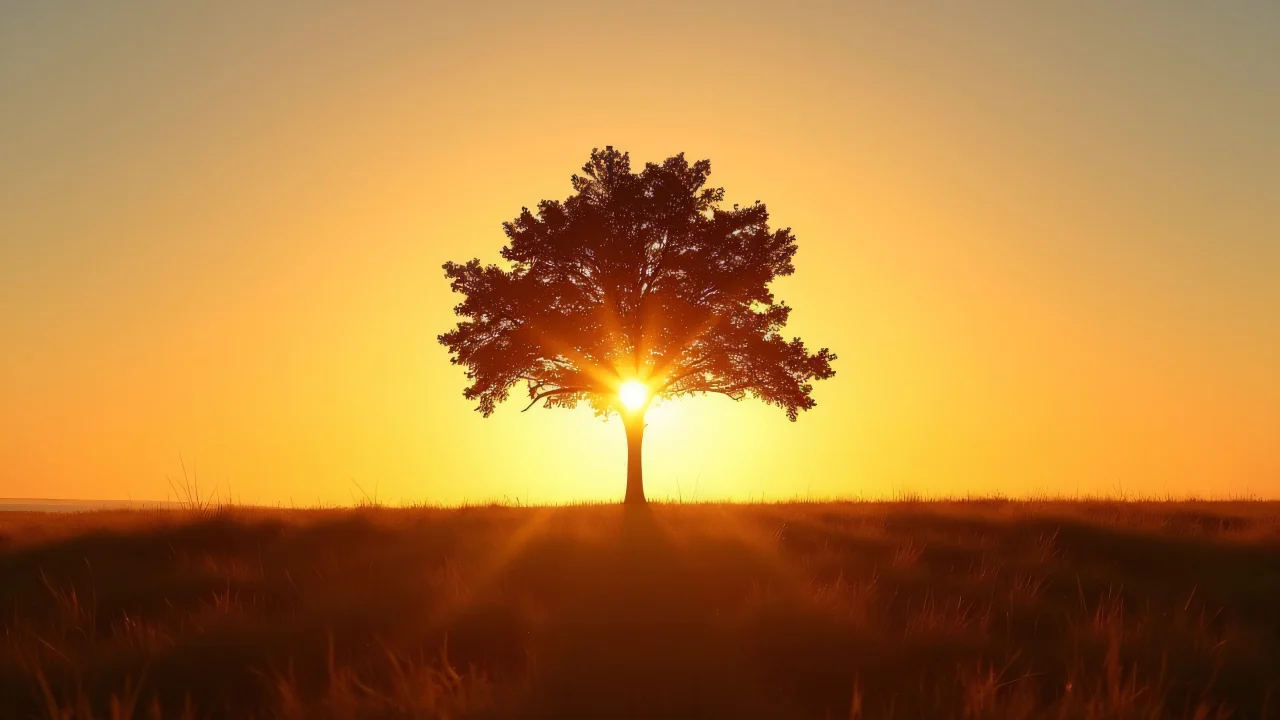 Silhouette of a lone tree during sunset with long shadows.