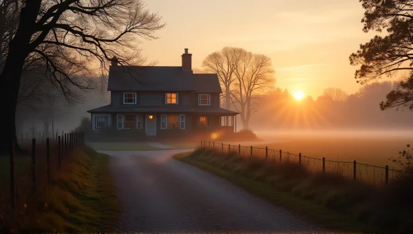 Lone Two-Story House at Dawn with Misty Trees