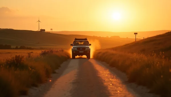Lone Vehicle Driving Dirt Road Golden Hour
