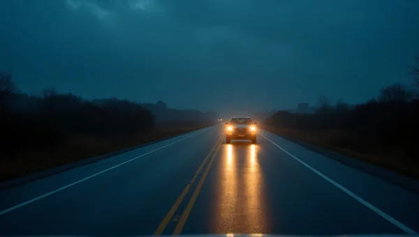 Lone Vehicle Driving Wet Road Night Reflections