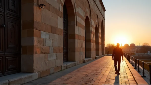 Lone Walker Near Historic Mosque at Dusk