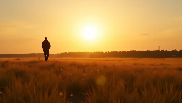 Lone Walker in Open Field at Golden Hour