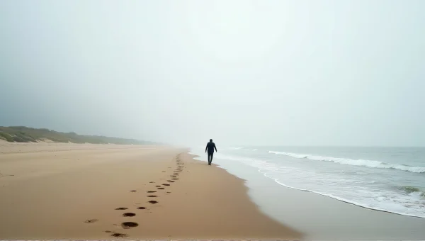 Lone Walker On Sandy Seashore At Low Tide