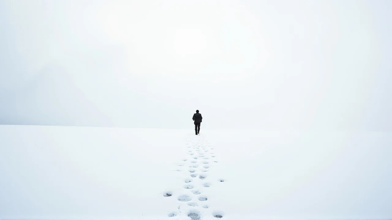 A solitary figure walks across a snowy field with footprints leading behind them under a pale sky.