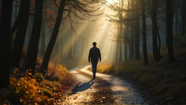 Lone Walker On Winding Forest Pathway