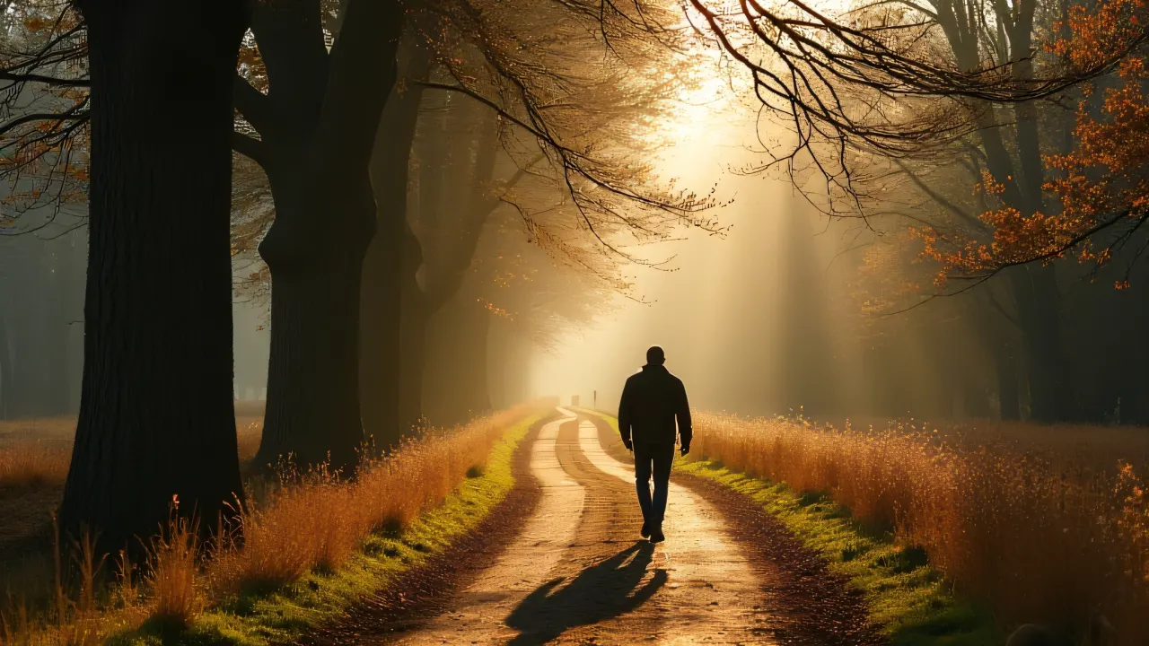 A person walks along a winding dirt path beside tall trees at sunset.