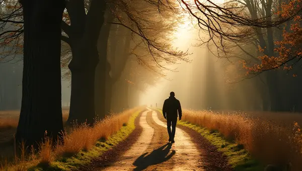 Lone Walker on Winding Pathway Amid Tall Trees