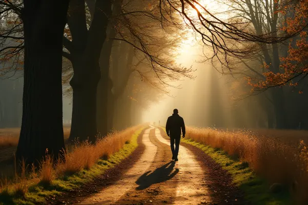 Lone Walker on Winding Pathway Amid Tall Trees