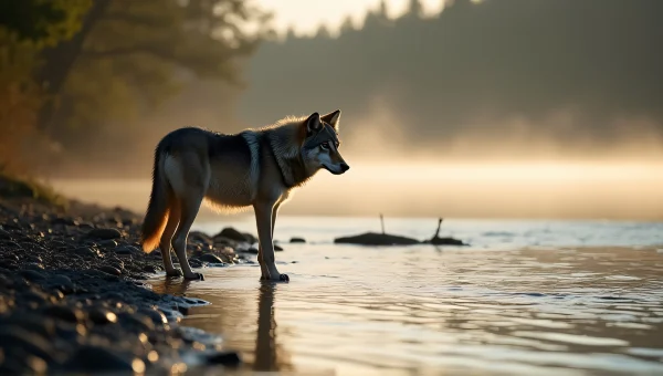 Lone Wolf at Riverbank in Morning Light