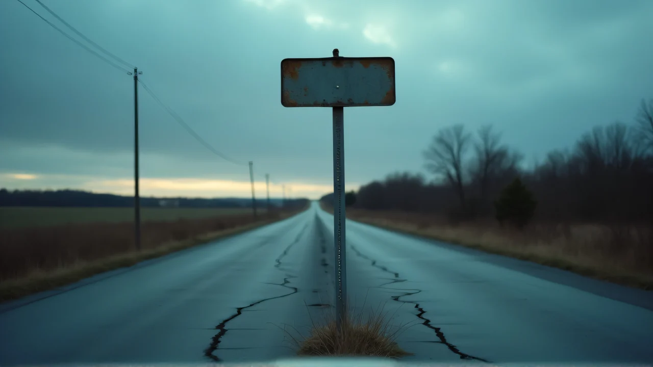 A lonely metal road sign stands on a cracked rural highway at dusk.