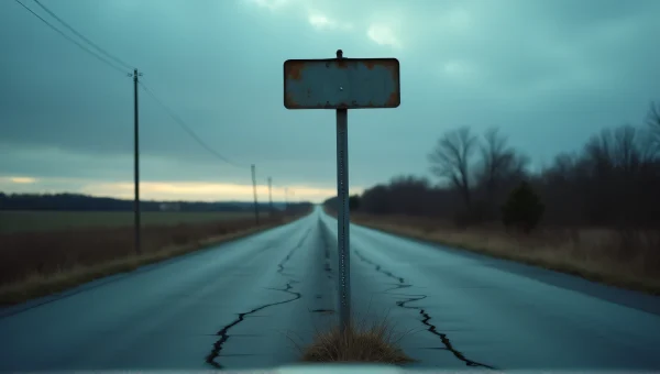 Lonely Road Sign on Cracked Highway at Dusk