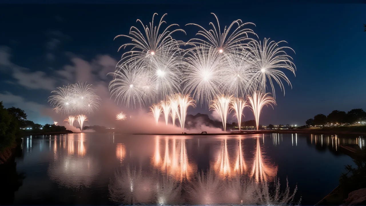 Long exposure image of white and gray fireworks above a river with rippling reflections in the foreground.