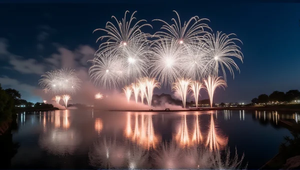 Long Exposure Fireworks Over River Reflection