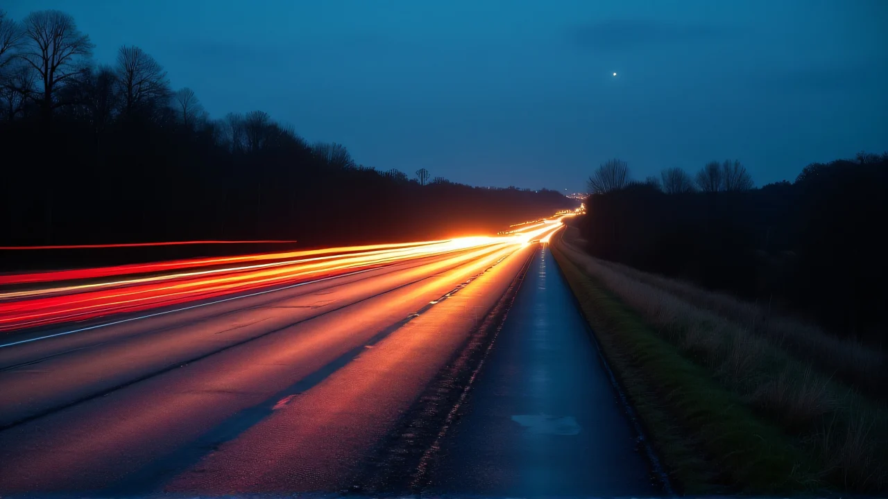 A long-exposure image capturing vehicle light trails on wet asphalt at night with a distant skyline.