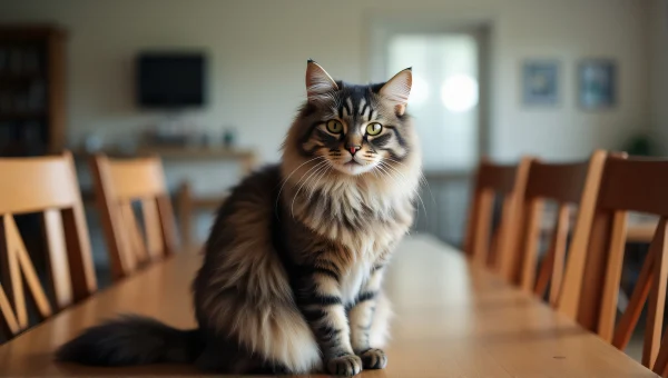 Long-Haired Cat on Wooden Table in Natural Light