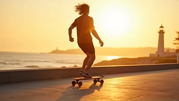 Longboard Riding at Coastal Promenade Sunset