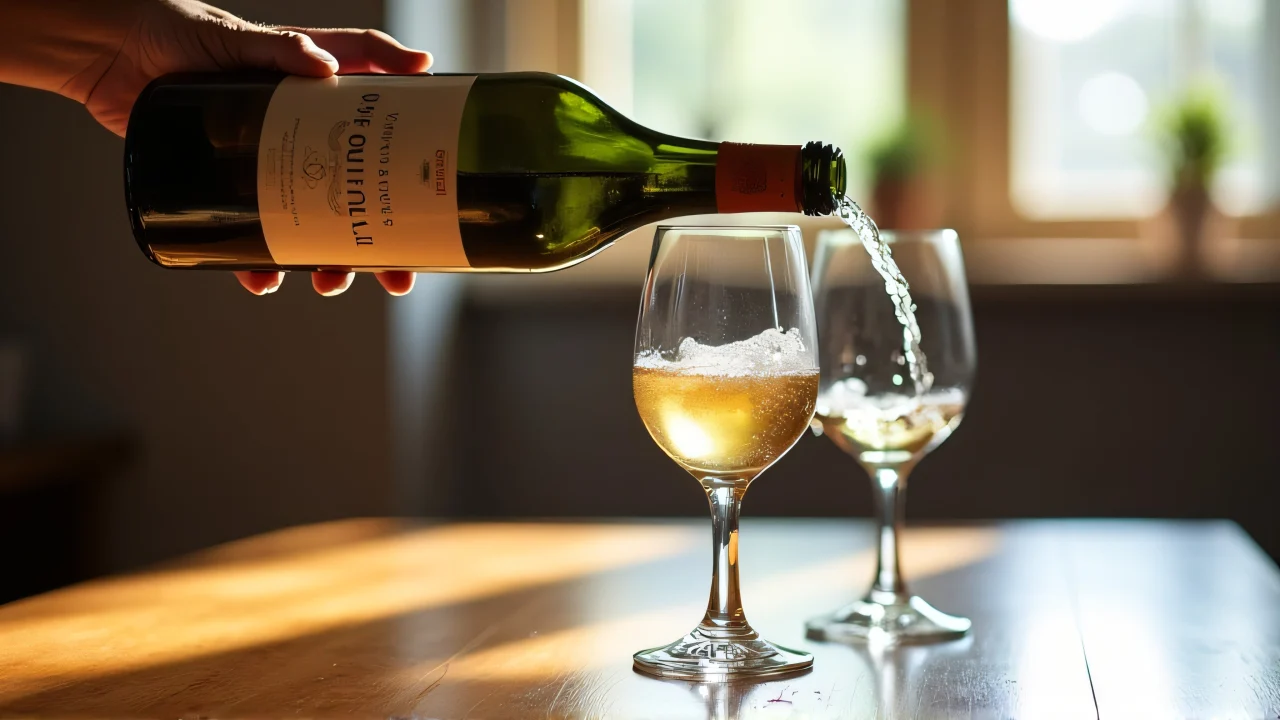 Close-up of Louis Bouillot wine being poured into two crystal glasses on a wooden table.