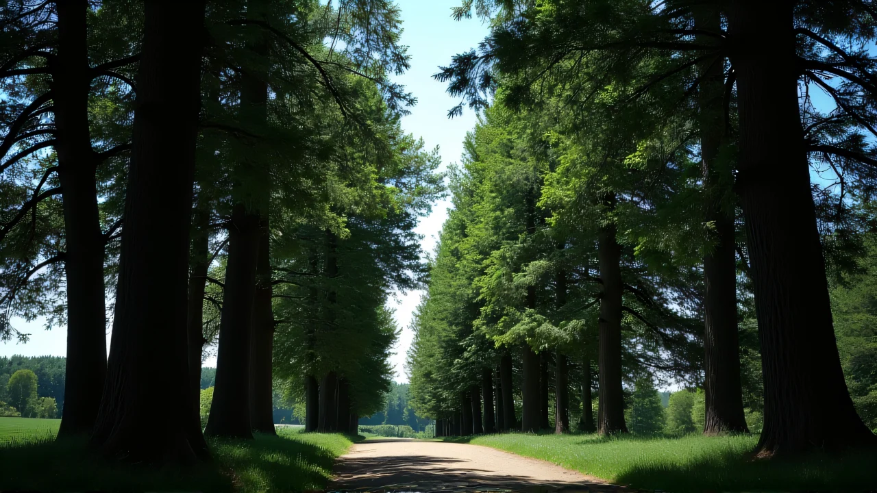 Low-angle view captures trees and path under a blue sky.