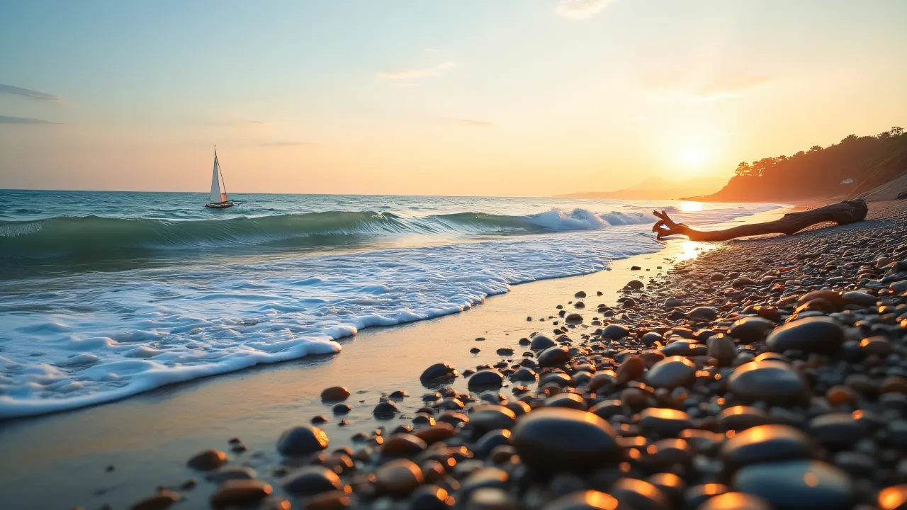 A low tide seashore featuring wet pebbles, driftwood, and a sailboat on the horizon during golden hour.