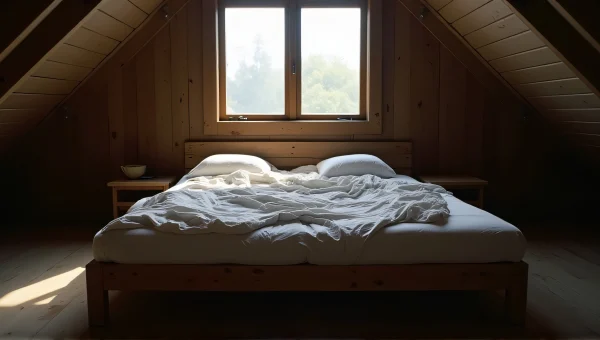 Low Wooden Bed With Rumpled Linen In Loft Room