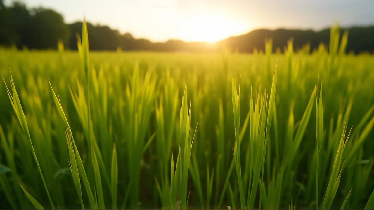 A wide-angle view of a verdant meadow bathed in soft golden light.